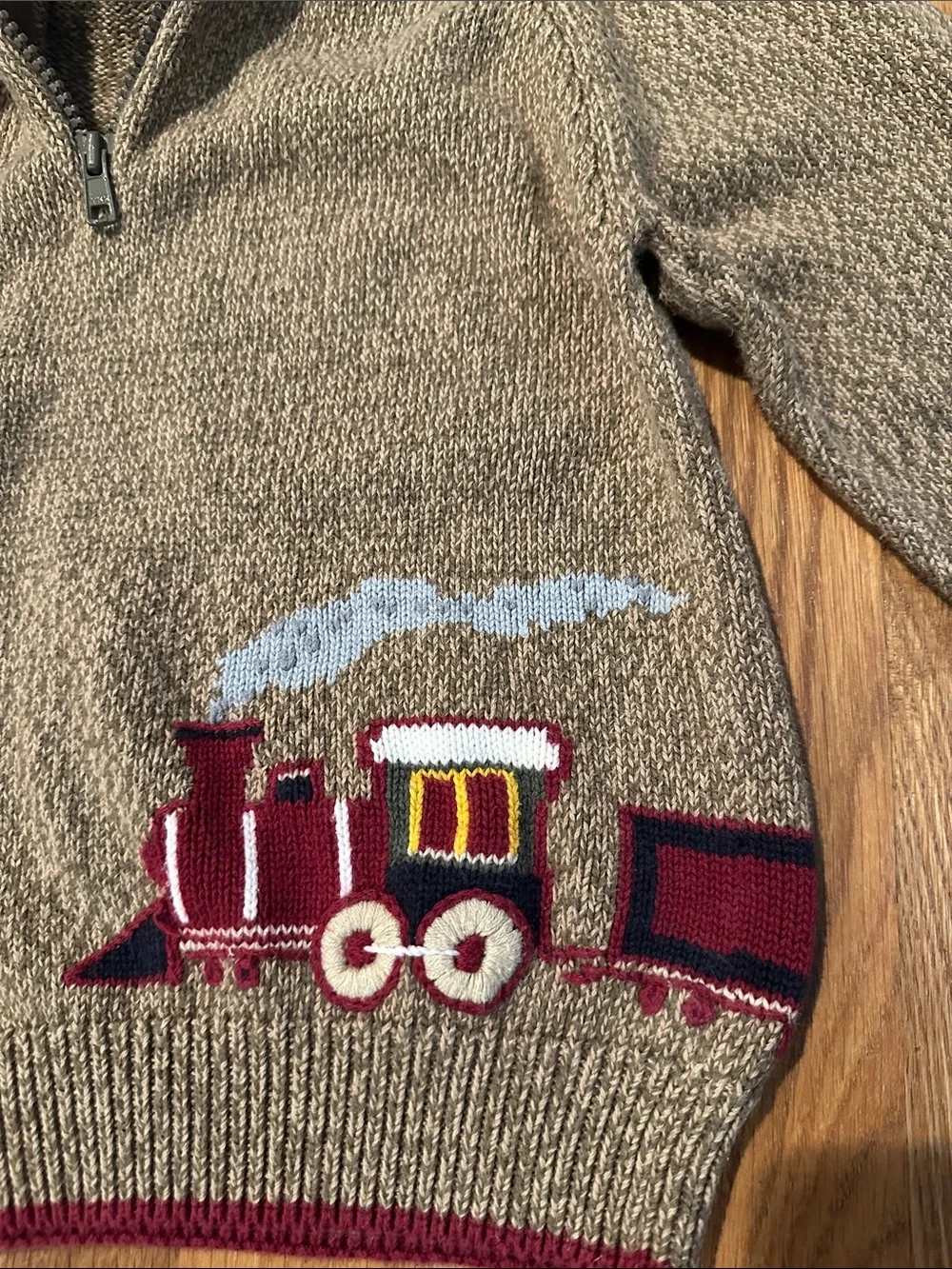 Gymboree Brown Sweater with Red Trim and Train Appliqué